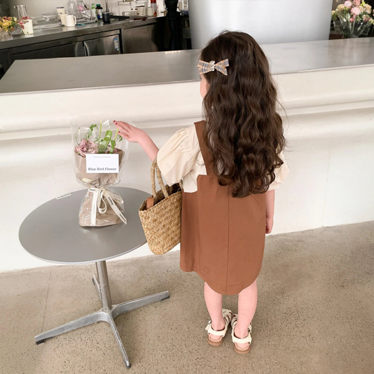 Girls Brown Applique Flower Applique Short Sleeve Pinafore Dress Casual Dresses
