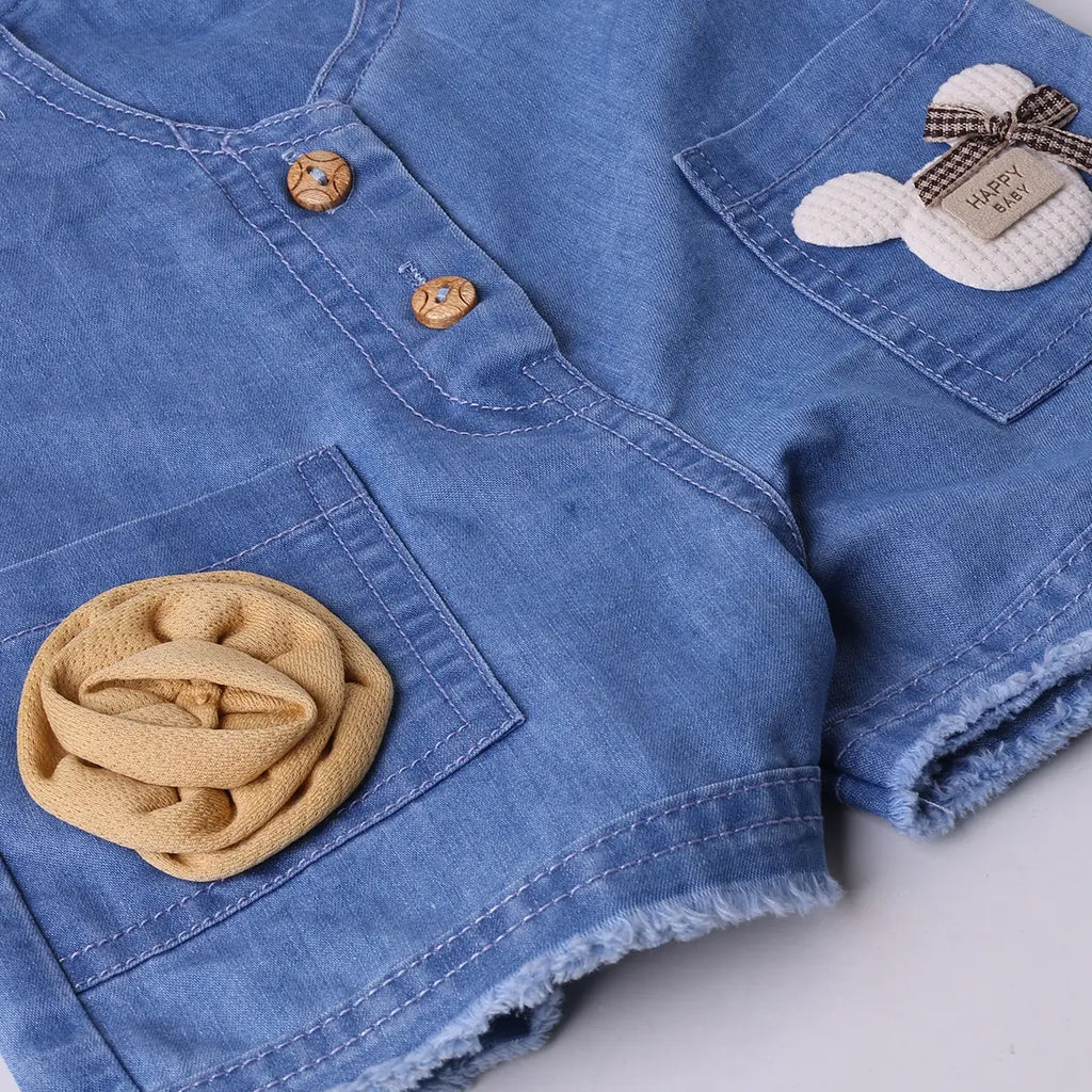 Girls Light Blue Denim Dungaree Printed Short Sleeve T-Shirt Sets 2 pc. Sets