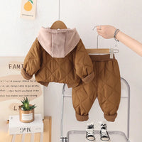 Boys Brown Long Sleeve Quilted Hooded Jacket With Trouser Sets 2 pc. Sets