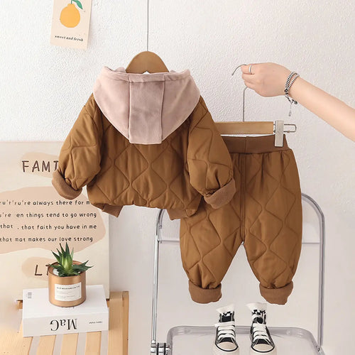 Boys Brown Long Sleeve Quilted Hooded Jacket With Trouser Sets 2 pc. Sets
