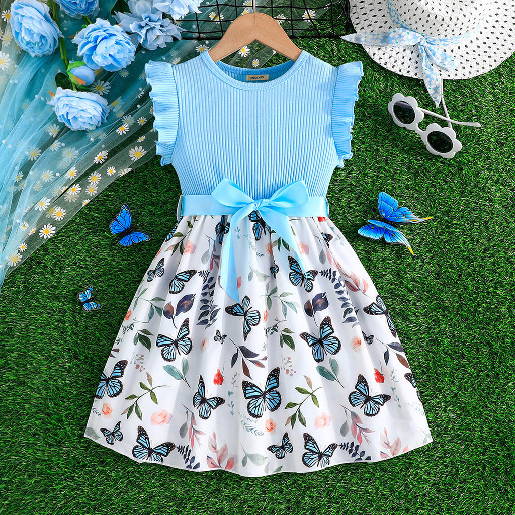 Girls Blue Butterfly Printed Fit & Flare Dress Casual Dresses Blue 3-4 Y