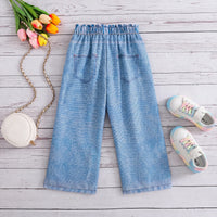 Girls Blue Heart Print Elasticated Denim Pants Pants