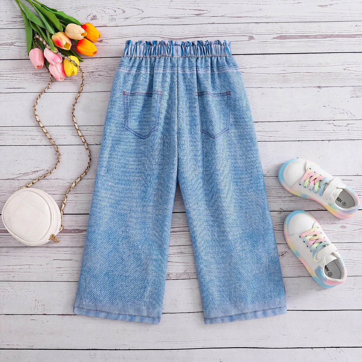 Girls Blue Heart Print Elasticated Denim Pants Pants