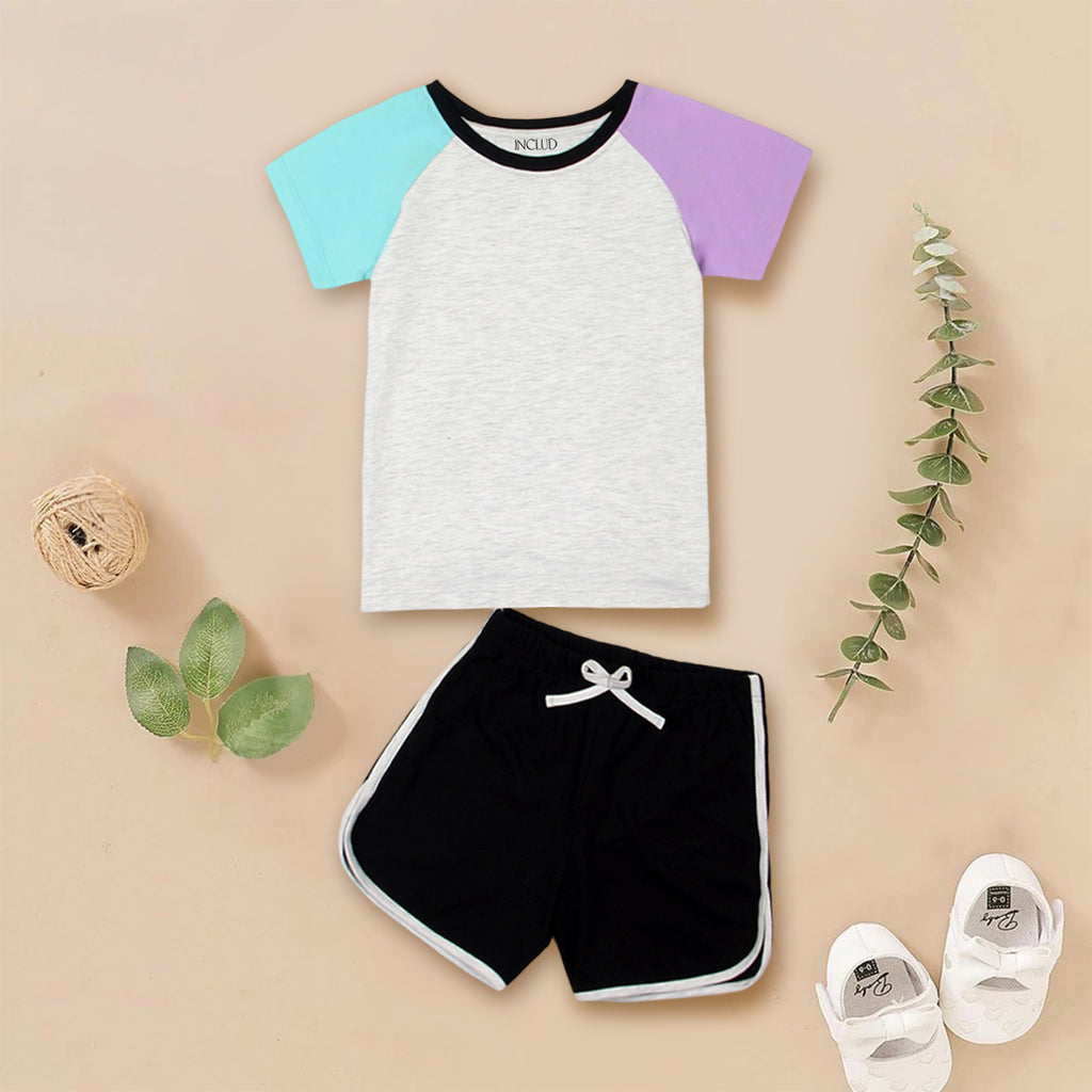 Girls Multicolor Color-blocked Raglan Sleeve T-Shirt With Sets - Pack of 2 Sets