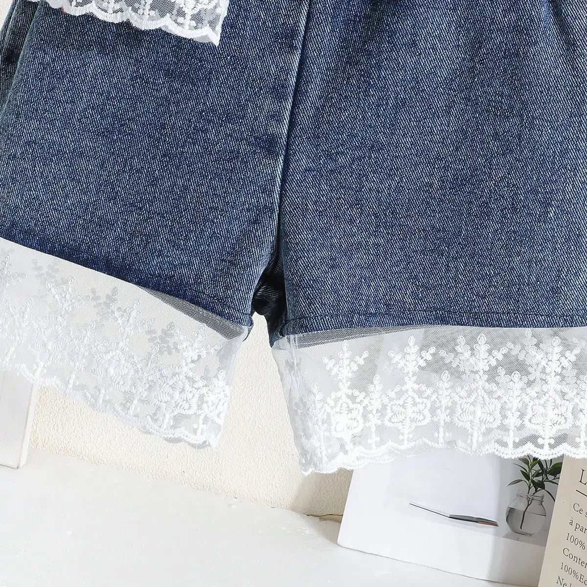Girls Blue Embroidered Lace Sleeve Denim Top With Denim Shorts Sets 2 pc. Sets