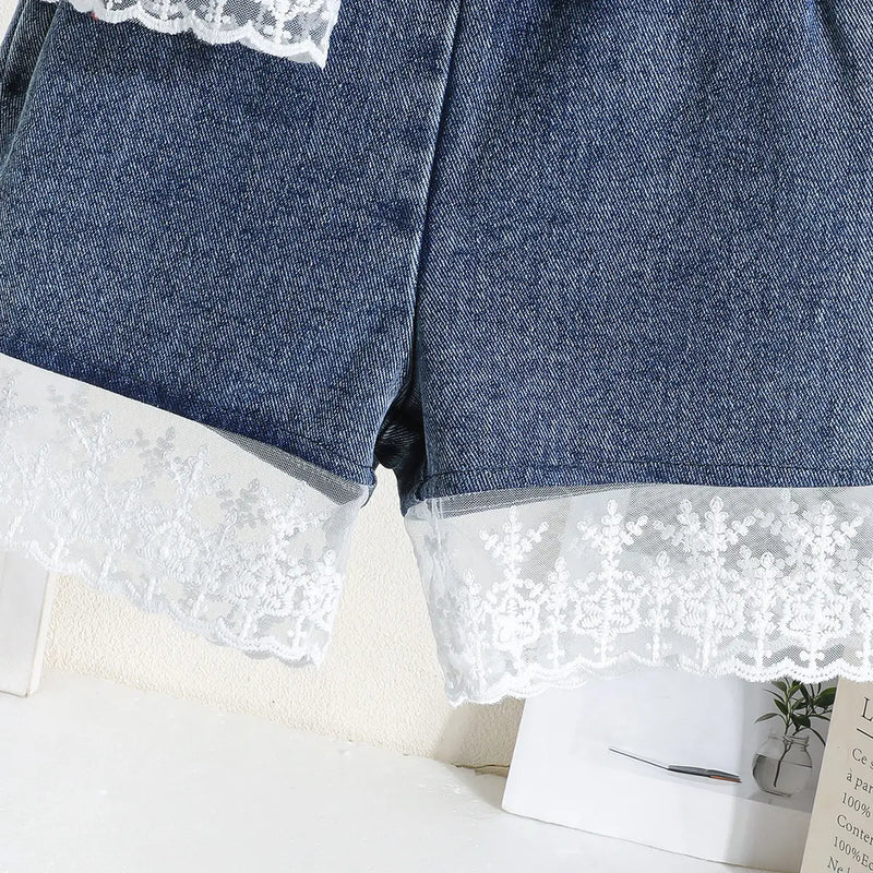 Girls Blue Embroidered Lace Sleeve Denim Top With Denim Shorts Sets 2 pc. Sets
