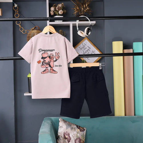 Boys Light Pink Graphic Short Sleeve T-Shirt With Elasticated Cargo Shorts Sets Sets
