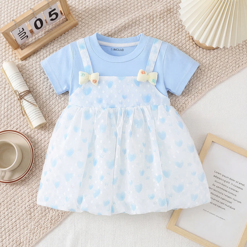 Girls Light Blue Heart Print Mock-Layered Pinafore Dress Casual Dresses Light Blue 1-2 Y