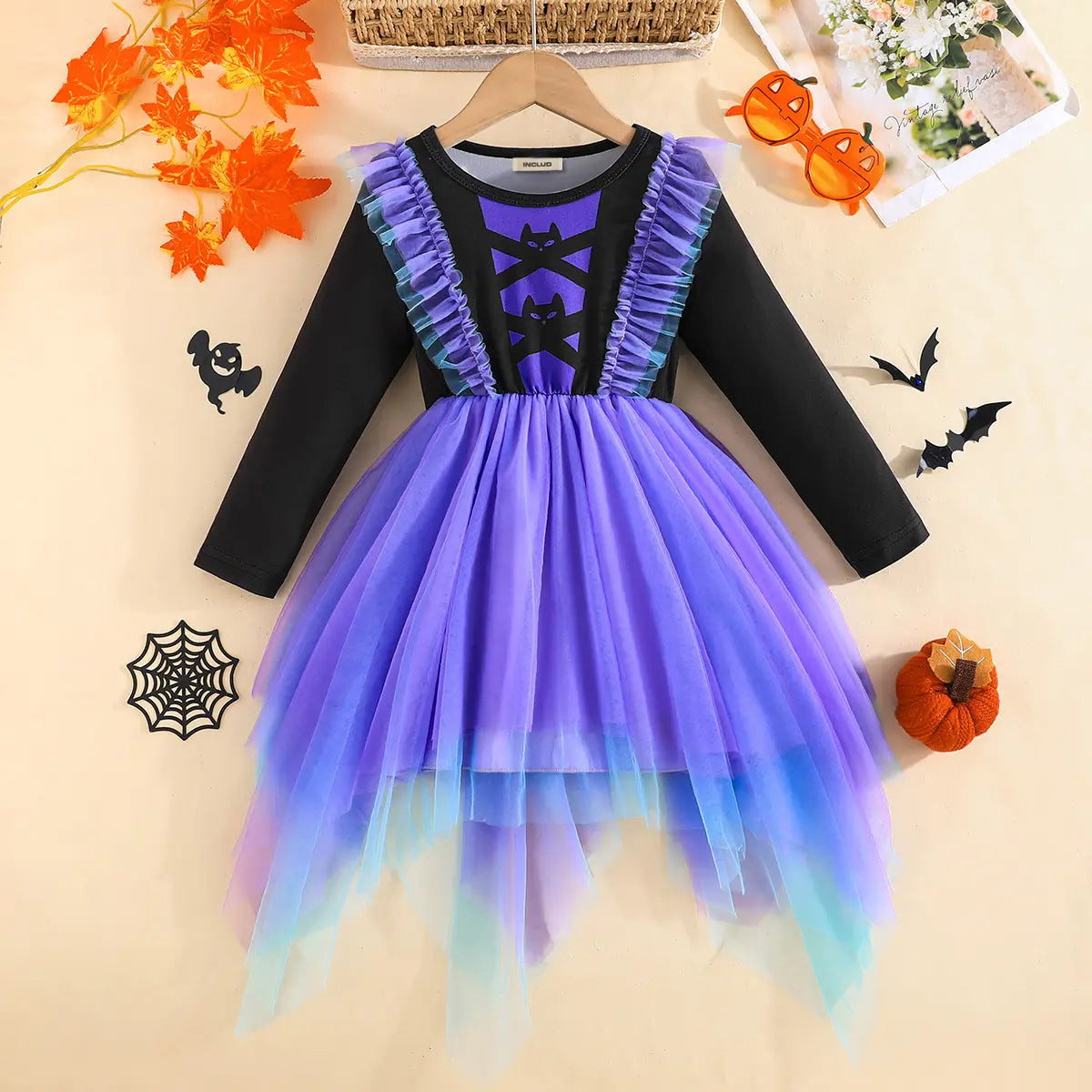Girls Multicolor Cat Face Printed Halloween Fit & Flare Dress Casual Dresses Multicolor 2-3 Y