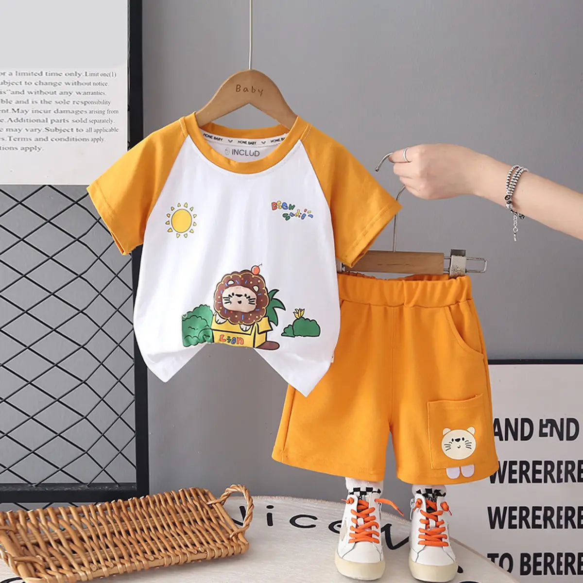 Boys Mustard Lion Graphic Raglan Sleeves T-Shirt With Elasticated Shorts Sets 2 pc. Sets Mustard 1-2 Y