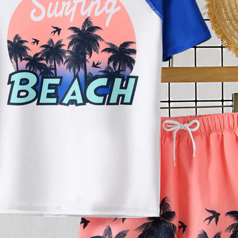 Boys White Tropical Print Short Sleeves T-Shirt With Shorts Swimwear Sets Beachwear