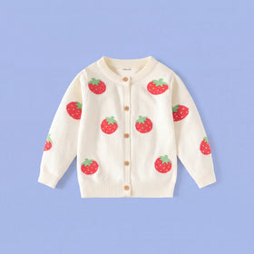 Girls Cream Long Sleeve Strawberry Jacquard Cardigan Sweaters & Cardigans Cream 2-3 Y