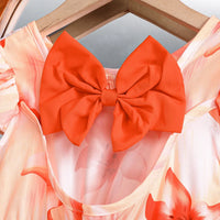Girls Orange Floral Print Fit & Flare Dress With Bow Details Casual Dresses