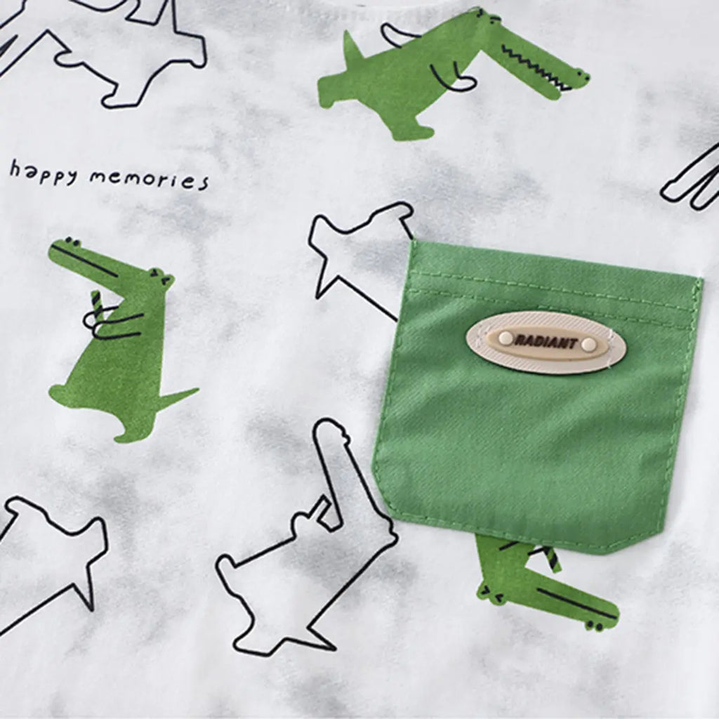 Boys Green Crocodile Printed Round Neck T-Shirt With Shorts Sets Sets