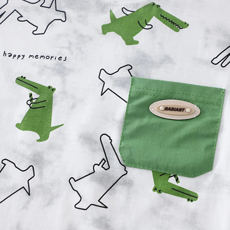 Boys Green Crocodile Printed Round Neck T-Shirt With Shorts Sets Sets