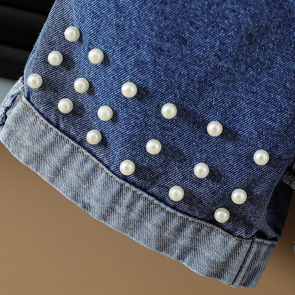 Girls Blue Short Sleeves Crop Top With Pearl Embellished Denim Vest And Shorts Sets Sets