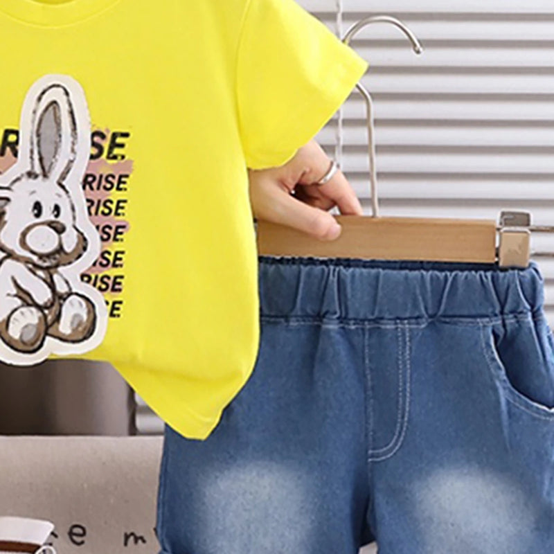 Boys Yellow Bunny Short Sleeve T-Shirt With Elasticated Denim Shorts Sets 2 pc. Sets