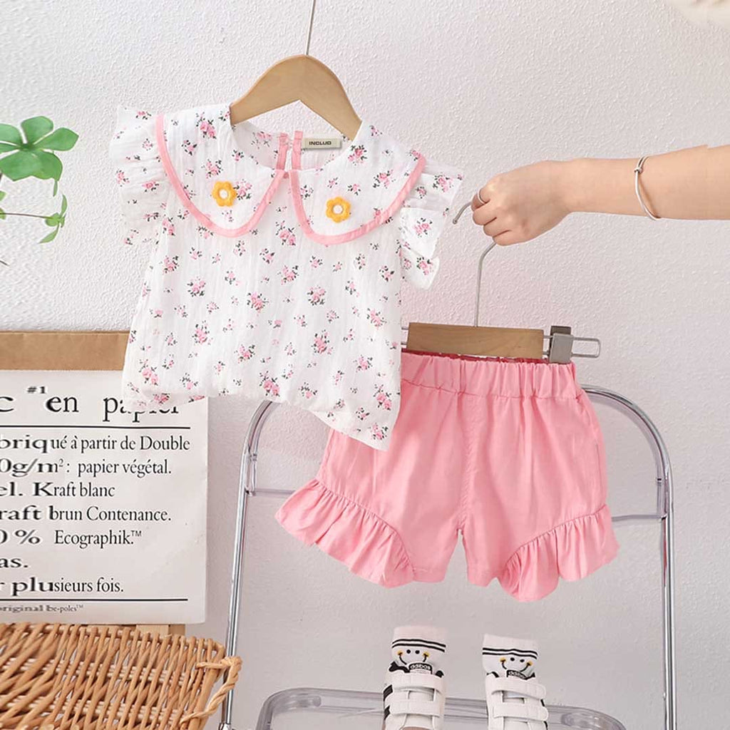 Girls Floral Printed Top With Shorts Set