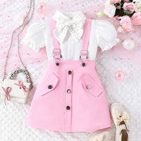 Girls Puff Sleeve Shirt With Bow & Suspender Skirt Set 2 pc. Sets Pink 4-5 Y 