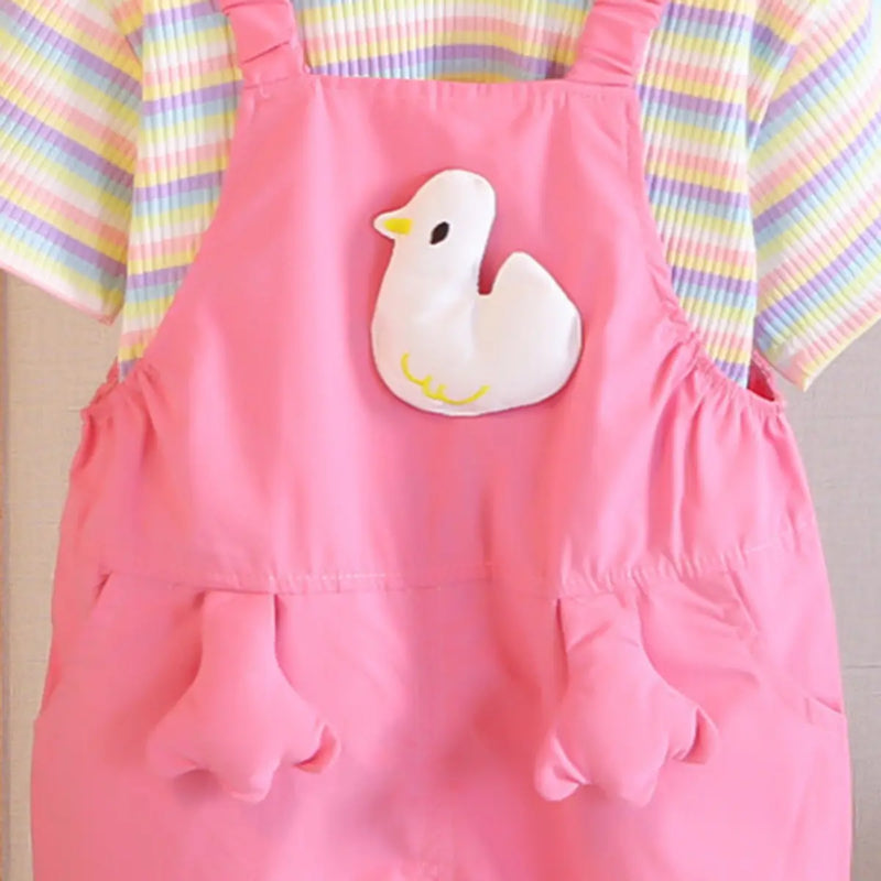 Girls Pink Toy Applique Dungaree With Short Sleeve Stripes T-Shirt Sets 2 pc. Sets