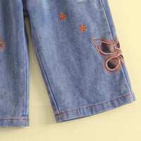 Girls Cream Butterfly Embellished Sweatshirt & Denim Pants Sets Sets