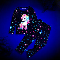 Girls Black Unicorn Printed Glow in the Dark T-Shirt & Pajama Winter Set 2 pc. Sets Black 3-4 Y