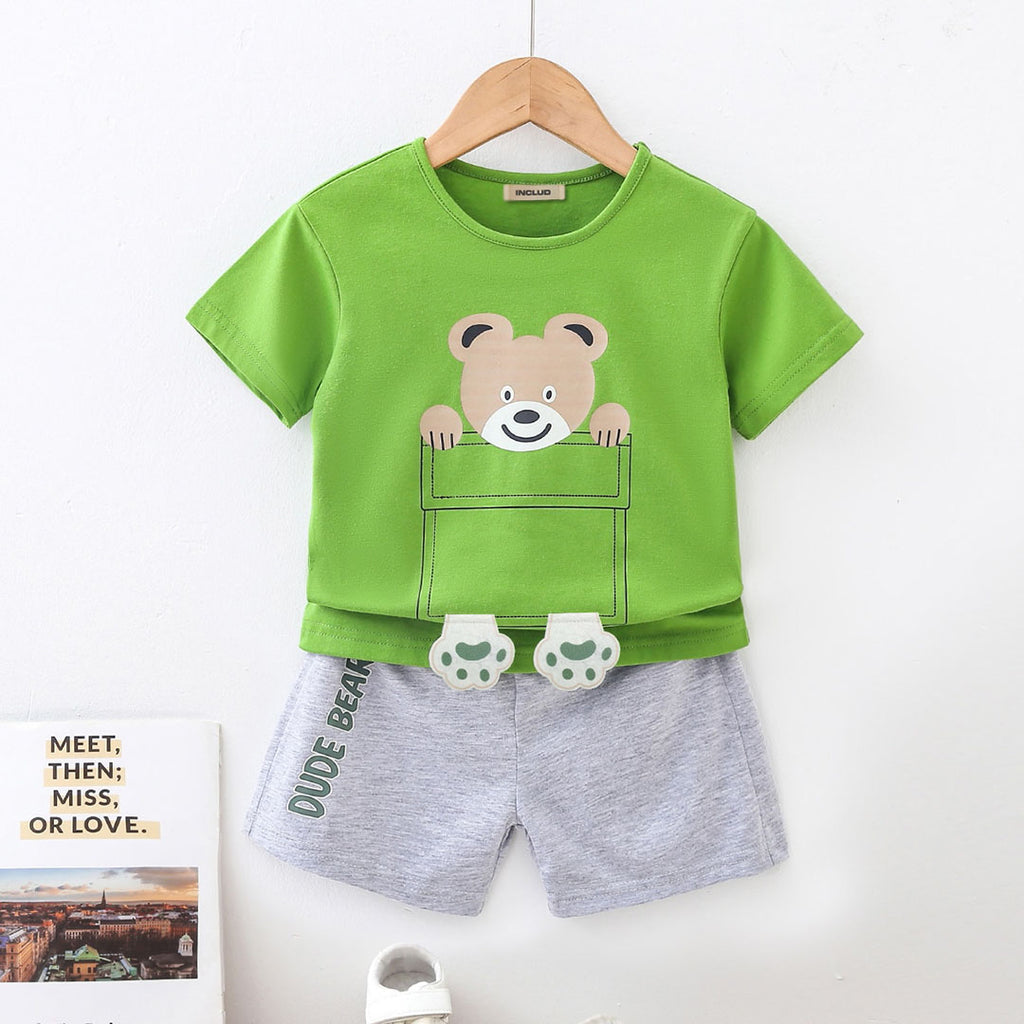 Boys Green Printed T-shirt with Grey Melange Shorts Set Sets Green 1-2 Y