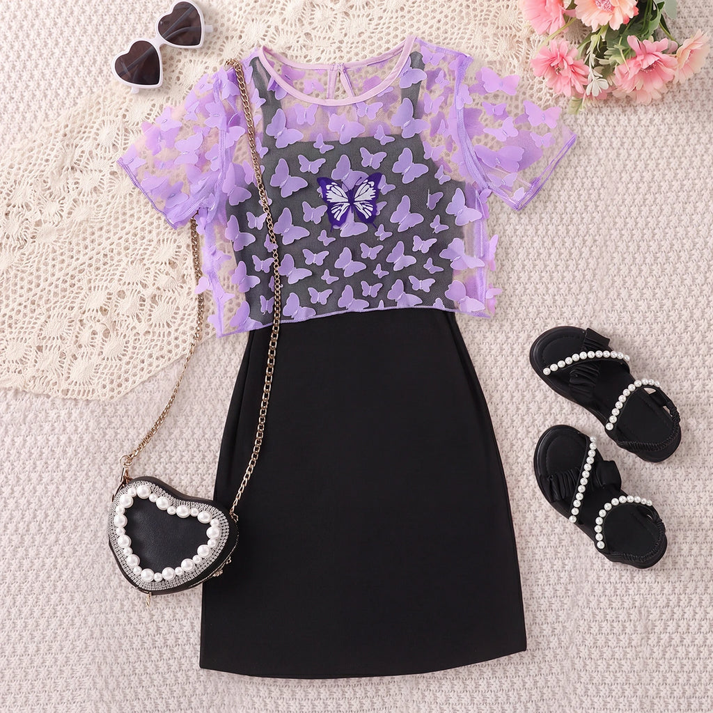 Girls Black Butterfly Print Sleeveless Dress With Cami Top Casual Dresses Black 3-4 Y