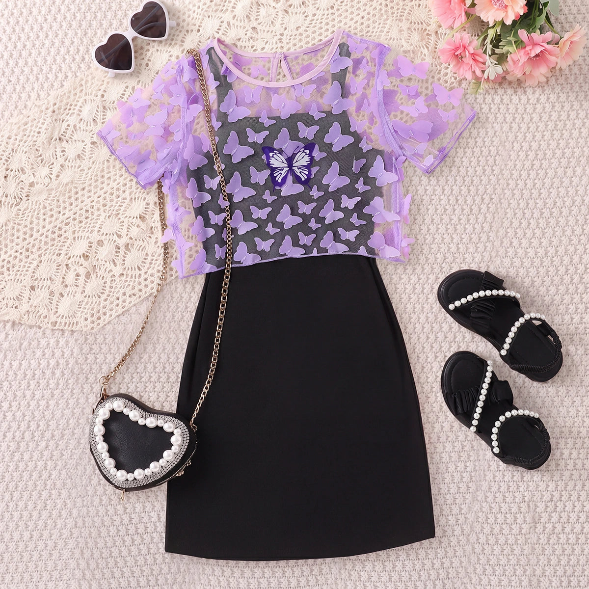 Girls Black Butterfly Print Sleeveless Dress With Cami Top Casual Dresses Black 3-4 Y