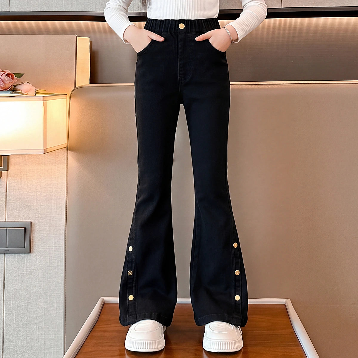 Girls Black High Rise Flared Denim Jeans Pants