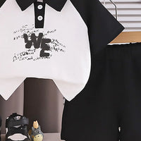 Boys Black Typographic Printed Raglan Sleeve Polo T-Shirt With Shorts Sets 2 pc. Sets