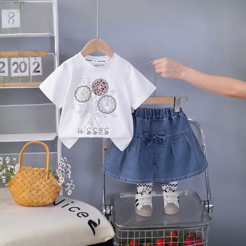 Girls White Flower Embellished T-Shirt With Denim Shorts Sets Sets White 1-2 Y