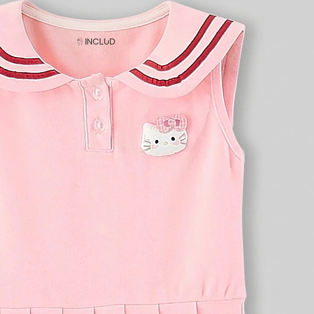 Girls Pink Hello Kitty Sailor Collar Pleated Dress Casual Dresses