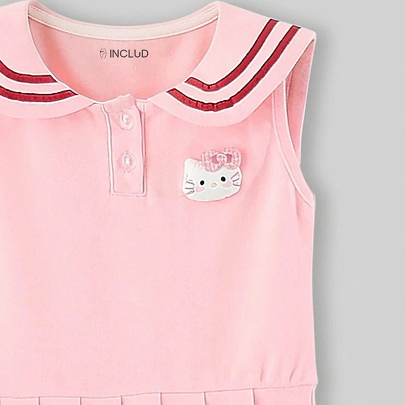 Girls Pink Hello Kitty Sailor Collar Pleated Dress Casual Dresses