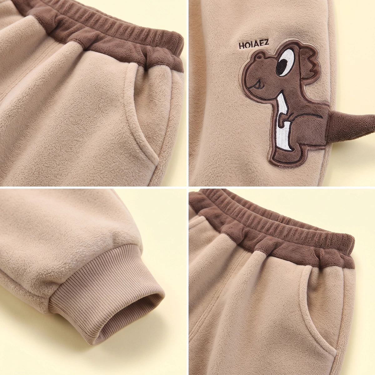 Boys Beige Dinosaur Applique Jogger Joggers