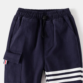 Boys Navy Blue Three Stripes Print Cargo Pants Pants