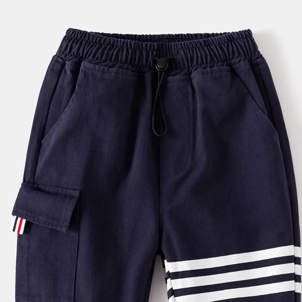 Boys Navy Blue Three Stripes Print Cargo Pants Pants