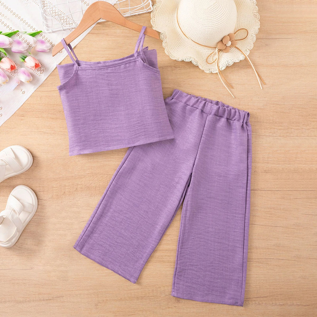 Girls Purple Textured Sleeveless Crop Top With Pants Co-ord Sets Sets