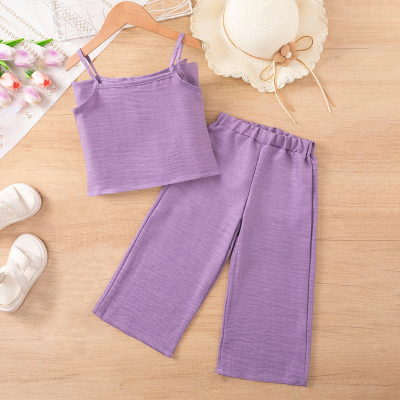 Girls Purple Textured Sleeveless Crop Top With Pants Co-ord Sets Sets