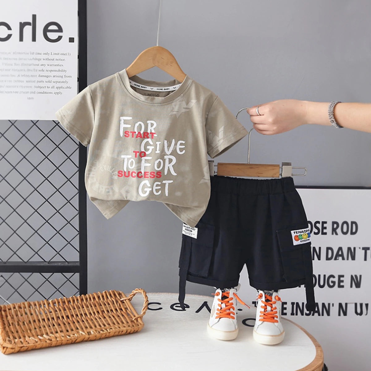 Boys Khaki Typographic Printed Short Sleeve T-Shirt With Cargo Shorts Sets 2 pc. Sets Khaki 1-2 Y