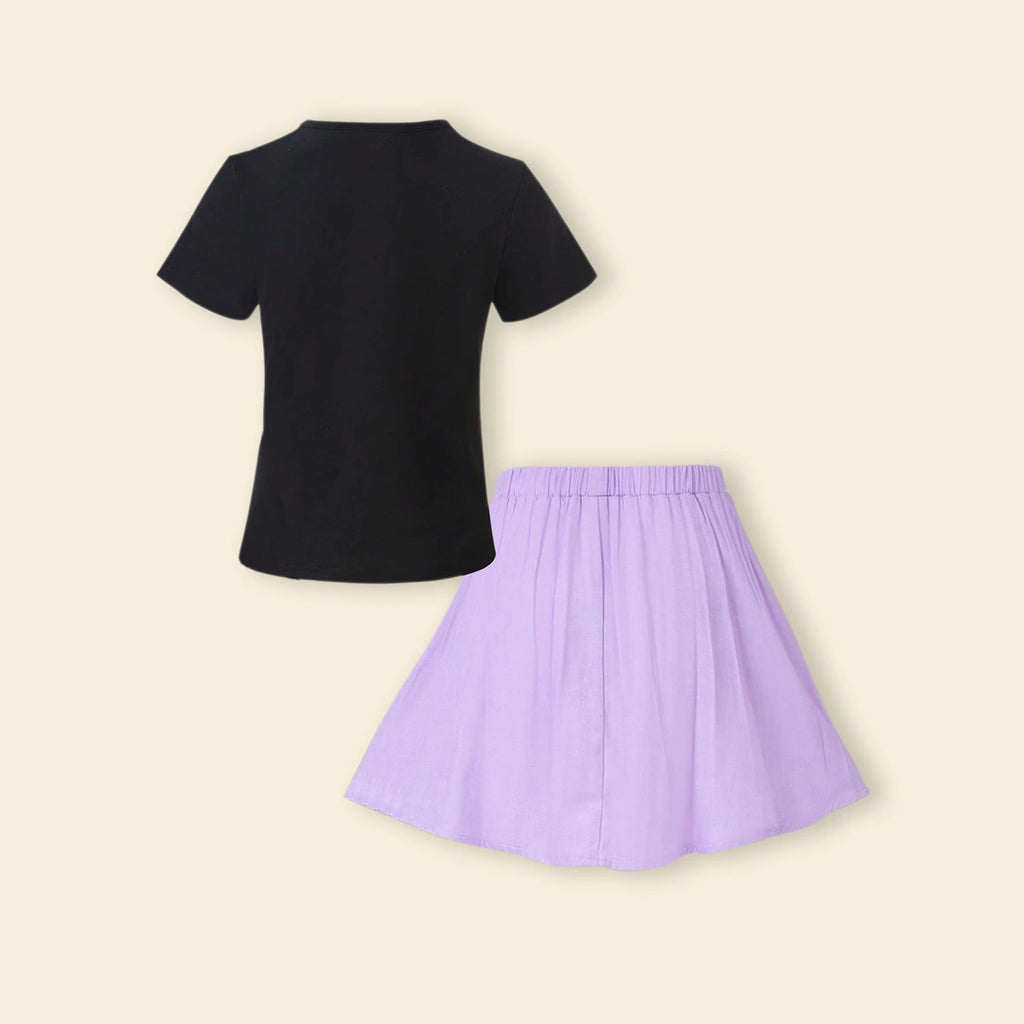 Girls Black Floral Applique T-Shirt With Skirt Sets Sets