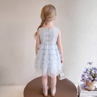 Girls Light Blue Bow Applique Sleeveless Tiered Dress Casual Dresses