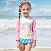 Girls Pink Rainbow Print Long Sleeves T-Shirt With Ruffled Briefs Swimwear Sets Sets