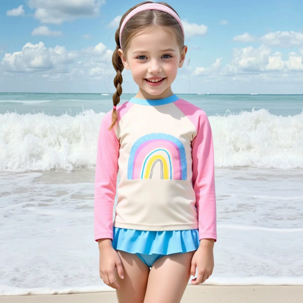Girls Pink Rainbow Print Long Sleeves T-Shirt With Ruffled Briefs Swimwear Sets Sets