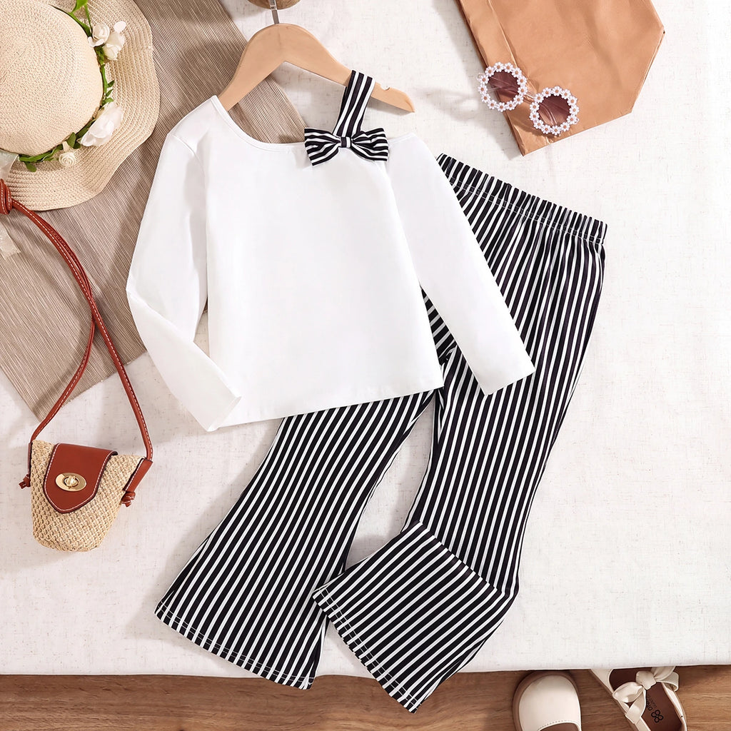Girls White Long Sleeve Top With Striped Pants Sets 2 pc. Sets White 3-4 Y