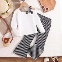 Girls White Long Sleeve Top With Striped Pants Sets 2 pc. Sets White 3-4 Y