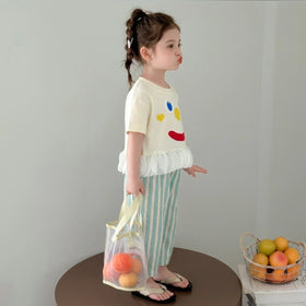 Girls Cream Graphic Round Neck Top with Elasticated Pants Set Sets