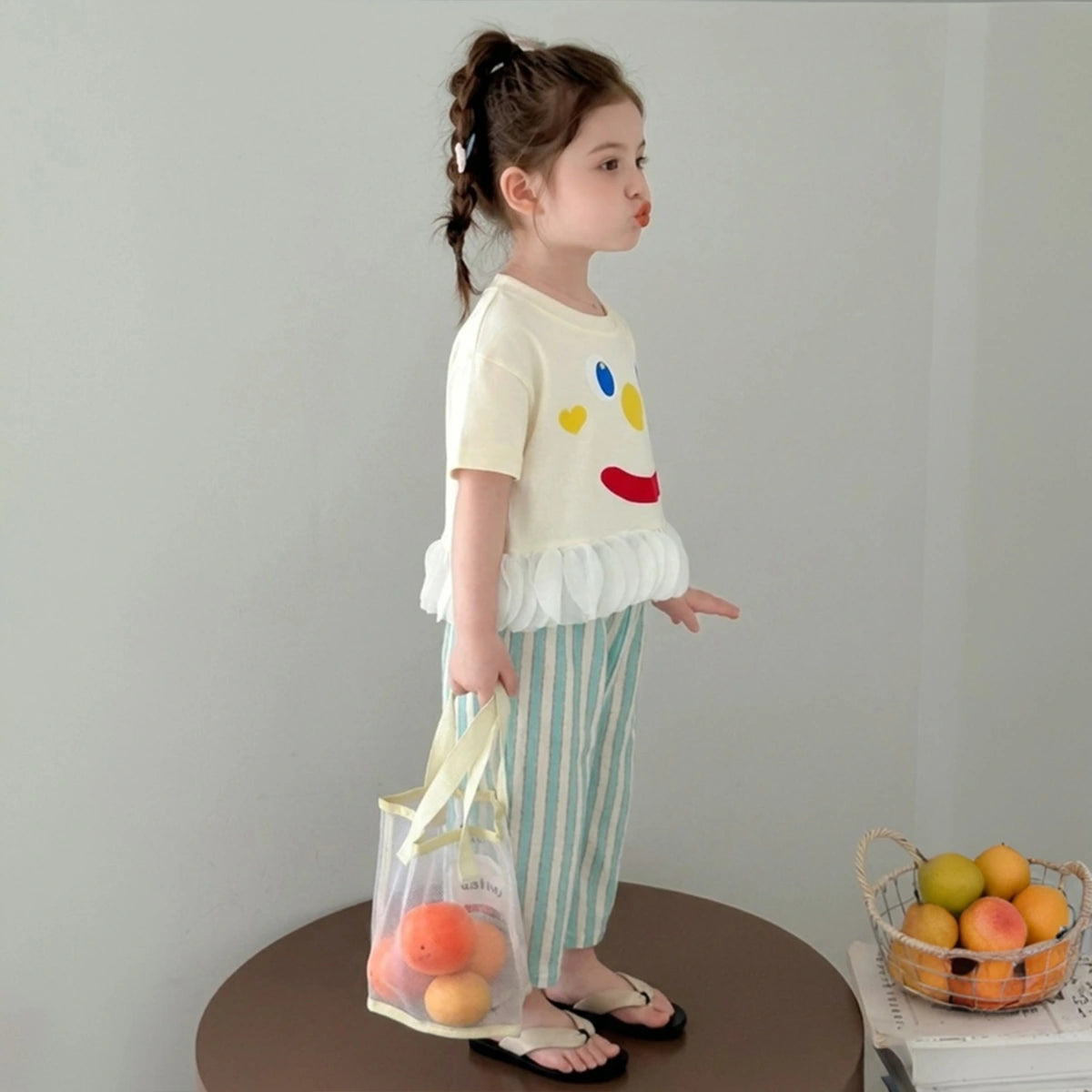 Girls Cream Graphic Round Neck Top with Elasticated Pants Set Sets