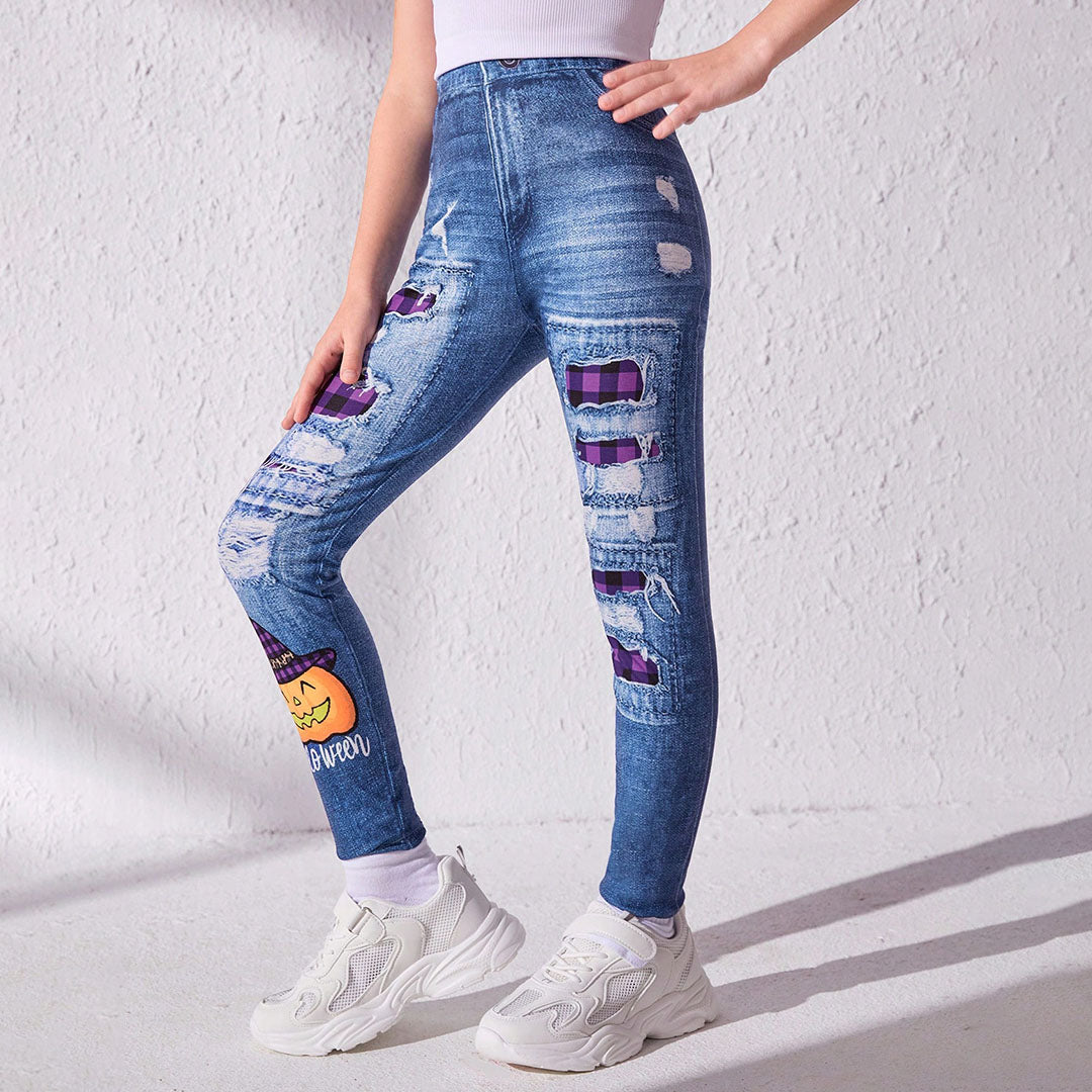 Girls Blue Distressed Denim Look Leggings Leggings & Tights