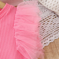 Girls Pink Crop Top With Polka Dot Printed Tulle Overlay Skirts Set Sets